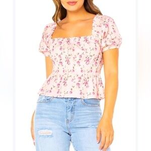 CELEBRITY PINK Floral Top W/ Puff Sleeves & Smocked Waist-NEW! L